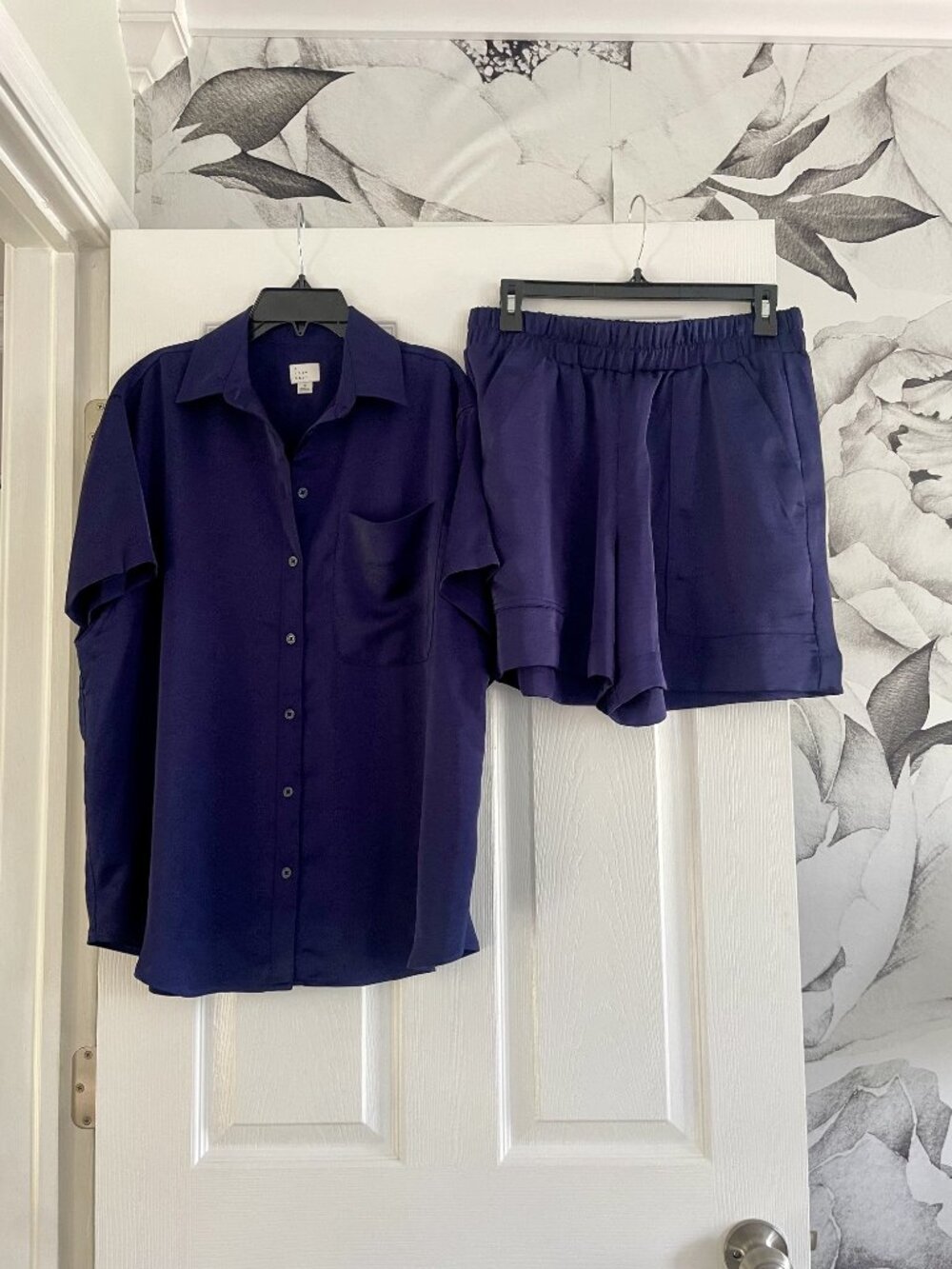 A New Day Navy Satin Button Front Shirt (S) & Shorts (M) Set